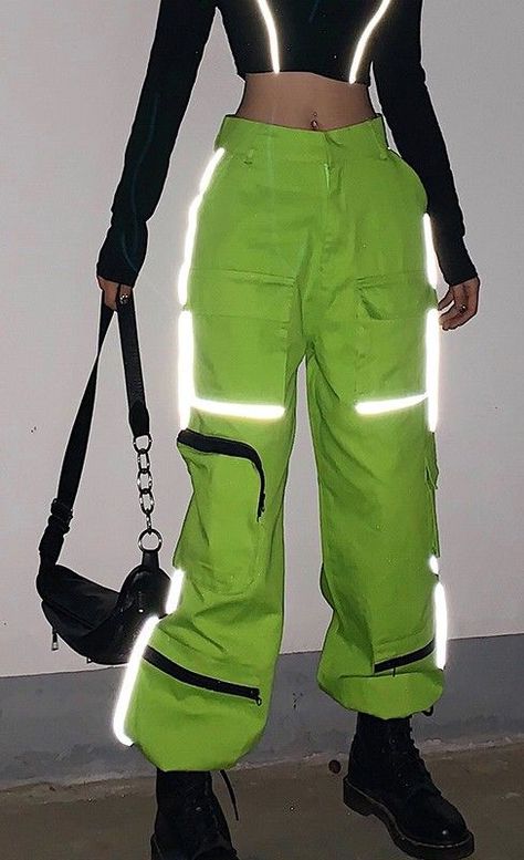 Neon Green Cargo Pants with Reflective Stripes - #fashion #neon #cargopants #pants #streetwear #trousers Neon Green Cargo Pants, Spring Street Fashion, Miraculous Outfits, Sweat Pants Women, Futuristic Clothes, Neon Pants, Hip Hop Cargo Pants, Patchwork Trousers, Dark Clothing