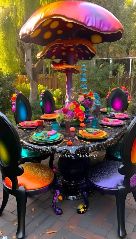 Alice In Wonderland Garden Aesthetic, Wonderland House Aesthetic, Alice In Wonderland House, Trippy Garden, Psychelic Decor, Green Refrigerator, Mismatched Dishes, Whimsical Tea Party, White Stove