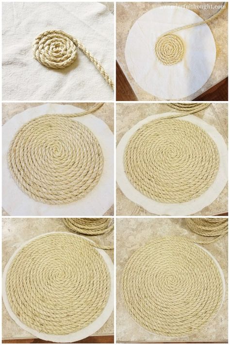 DIY Rope Chargers - A Wonderful Thought Diy Jute Placemats, Diy Chargers Plates Ideas, Diy Rope Design, Diy Chargers, Pola Macrame, Rope Projects, Rope Diy, Tafel Decor, Jute Crafts