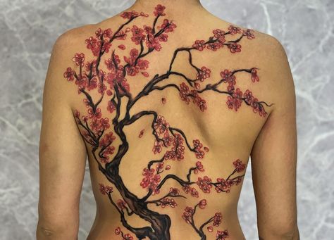 Cherry Blossom Tree Tattoo On Back, Cherry Blossom Tattoo On Back, Moksha Tattoo, Cherry Blossom Back Tattoo, Bday Tattoo, Goa Tattoo, Cherry Blossom Tree Tattoo, Blossom Tree Tattoo, Sakura Tattoo