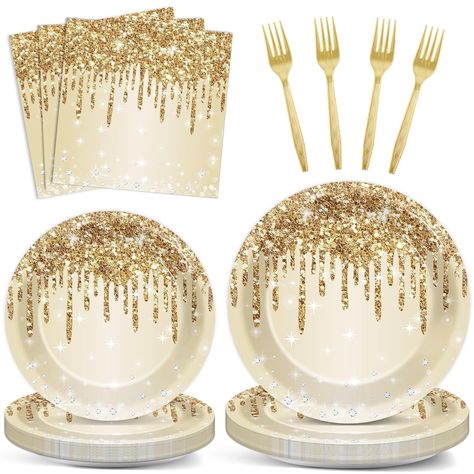 PRICES MAY VARY. Package includes:Gold white tableware set includes 24 9-inch plates, 24 7-inch plates, 24 forks, 24 double-layered napkins. This set serves a perfect meal for 24 people. Perfect size: The size of the plates are 22.86CM ×22.86CM(9”), small plates are 17.78CM × 17.78CM(7”), double layer napkins size are 33CM × 33CM(11”), suitable for party supplies. Quality materials:Gold glitter themed plates are made of paper, non-toxic and safer, perfect for gold glitter birthday party or vario Gold Food Ideas, Gold And White Sweet 16, White And Gold Party Theme, 60th Birthday Ideas For Mom Party, Golden Birthday Themes, 50th Birthday Party For Women, Gold Theme Birthday, Gold Balloons Decorations, 60th Birthday Ideas For Mom