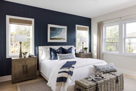 ::: — Real Design Pros Cozy Farmhouse Bedroom, Ocean Bedroom, Navy Blue Bedrooms, Farmhouse Bedroom Decor Ideas, Nautical Bedroom, Living Room Wall Color, Blue Accent Walls, Modern Farmhouse Bedroom, Bedroom Wall Colors