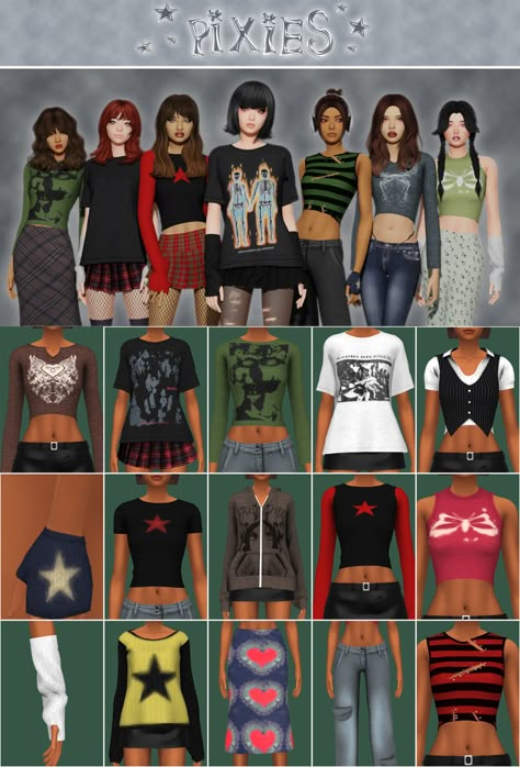 Sims 4 Female Y2k Clothes, Thirteen Sims 4, Sims 4 Cc Clothes Baggy Shirt, Sims 4 Cc Clothes Grunge Y2k, Maxis Match Y2k, 90s Cc Sims 4, Sims 4 Band Tees, Sims 4 90s Clothes, Sims 4 Indie Cc