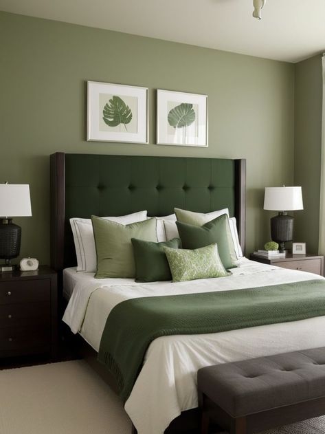 Olive Green Rooms, Green Room Ideas Bedroom, Olive Bedroom, Olive Green Bedrooms, Green Accent Wall, Dark Brown Furniture, Green Bedroom Walls, Green Bedroom Decor, Olive Green Walls