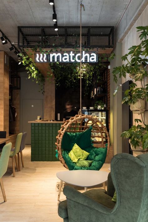 Cafe Green Interior, Green Cafe Design Interiors, Cafe Inspiration Interior, Coffee Shop Green Design, Green Cafe Interior Design, Acai Shop Interior, Boba Cafe Interior, Tea Cafe Interior Ideas, Smoothie Shop Design