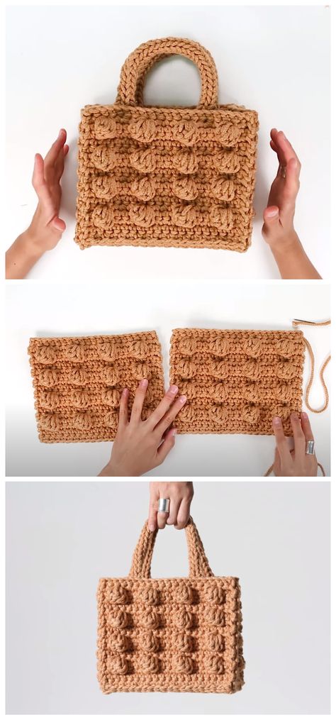 Bobble stitch Crochet Square Tote bag - Crochet Kingdom Crochet Kingdom, Bobble Stitch Crochet, Crochet Box, Popular Crochet, Free Crochet Bag, Crochet Bag Tutorials, Crochet Bag Pattern Free, Bag Pattern Free, Crochet Handbag