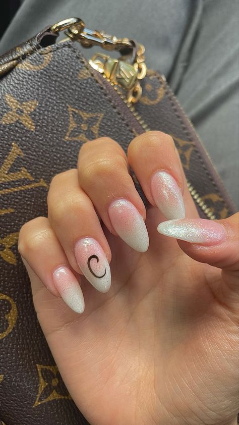 Significant Other Initial Nails, Letter C On Nails Initials, Nails With C On Them, C Nail Initial, Letter C Nail Design, Letter C Initial Nails, White Nails With Letter On Ring Finger, Initial C On Nails, C Nails Initial