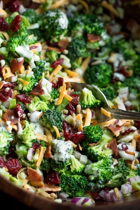 Broccoli Salad with Cranberries and Bacon - Peas And Crayons Vegetarian Broccoli Salad, Vege Salad, Bacon Peas, Broccoli Salad With Bacon, Broccoli Salad With Cranberries, Salad With Cranberries, Easy Broccoli Salad, Dressings Recipes, Broccoli Dishes