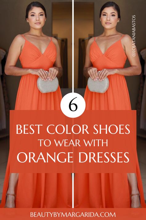 Not sure what color shoes to wear with an orange dress? Check out our guide to find the perfect shoes to complement your orange dress, whether for a wedding or a laid-back party! What To Wear With An Orange Dress, Orange Dress Blue Heels, Maxi Orange Dress Outfit, Orange Dress With Silver Accessories, Orange Dress Gold Heels, Heels For Orange Dress, Makeup To Wear With Orange Dress, Neon Orange Dress Outfit, Jewelry With Orange Dress