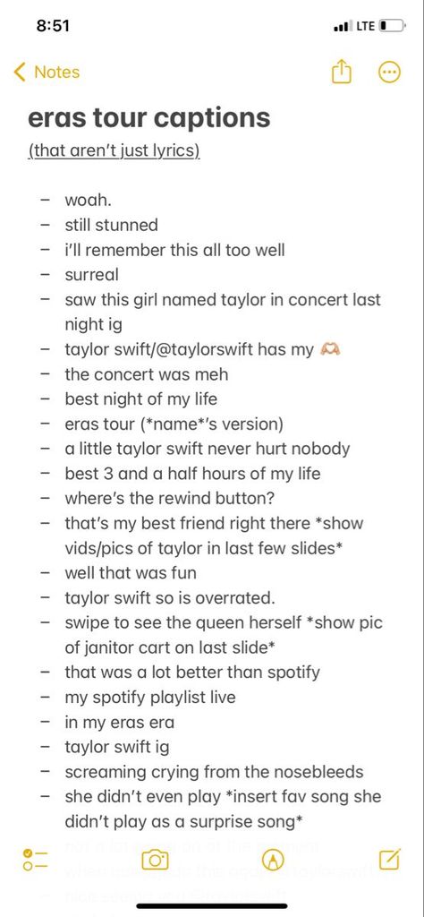 Caption For Taylor Swift Concert, Eras Tour Movie Outfits Rep, Eras Tour Set List Songs, Captions From Taylor Swift Songs, Taylor Swift Quotes For Best Friends, Taylor Swift Eras Tour Songs, Eras Tour Outfits Group Of 3, Speak Now Instagram Captions, Concerts Caption