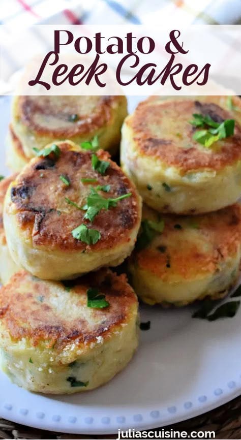 Potato and Leek Cakes Leek Recipes Side Dishes, Leek And Potato Recipes, Using Mashed Potatoes, Sauteed Leeks, Leek Recipes, Lemon Rosemary Chicken, Potato Leek, Lemon Rosemary, Rosemary Chicken