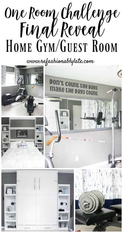 Home gym and guest room makeover reveal.  Great ideas to combine two rooms into one.  Also learn how to make a murphy bed! | refashionablylate.com #DIY #murphybed #homegym #guestroom #cricut #cricutquotedecal Home Gym Guest Room, Gym And Guest Room Combo, Gym Guest Room, Guest Room Combo, Workout Room Ideas Home, Basement Guest Rooms, Workout Room Home, Murphy Bed Ikea, Bedroom Gym