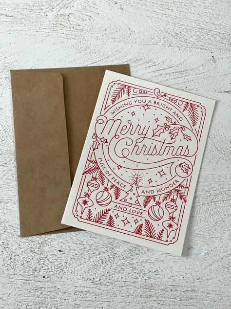 Minted Christmas Card Front: Wish you a bright and merry Christmas full of peace and wonder and love Inside: Happy Holidays Envelope Included Christmas Card Cover Ideas, Christmas Cards Typography, Detailed Christmas Cards, To From Christmas Tags, Aesthetic Christmas Cards Ideas, Christmas Card Digital Design, Aesthetic Christmas Card Design, Christmas Card Homemade Ideas, Cards Of Christmas Past