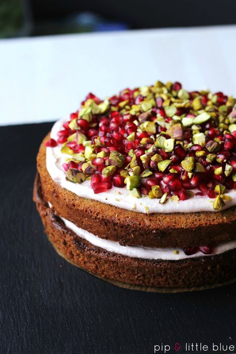 Pistachio & cardamom cake with pomegranate cream filling Pistachio Pomegranate Cake, Pomegranate Recipes Dessert, Cardamom Cake, Pistachio Recipes, Pomegranate Recipes, Pistachio Cake, Persian Food, Baking Sweets, Savoury Cake