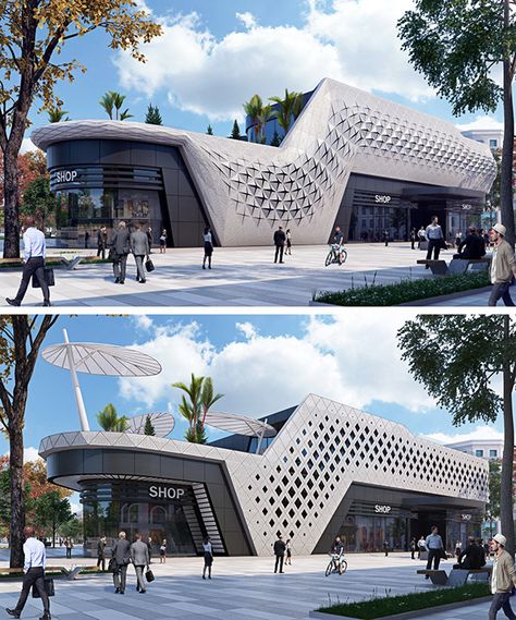 Mixed Use Architecture Concept, Facade Architecture Design Buildings, Commercial Design Exterior Architecture, Office Exterior Design Architecture, Mix Use Building Architecture, Futuristic Building Design, Modern Buildings Architecture, Mixed Use Building Concept Architecture, Futuristic Design Architecture