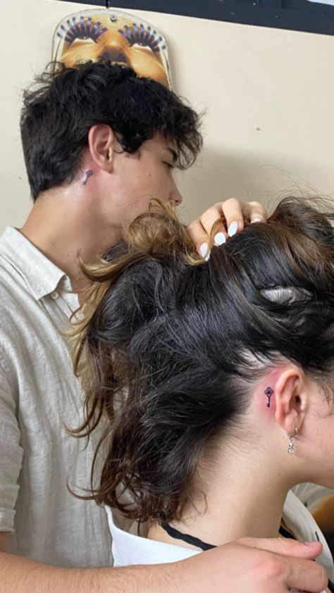 Matching Neck Tattoos Couples, Couples Tattoos Aesthetic, Couple Tattoos Behind Ear, Couple Neck Tattoos, Matching Tattoos Behind Ear, Matching Couple Tattoos Aesthetic, Matching Tattoos Couples Aesthetic, Matching Neck Tattoos, Couples Hand Tattoos