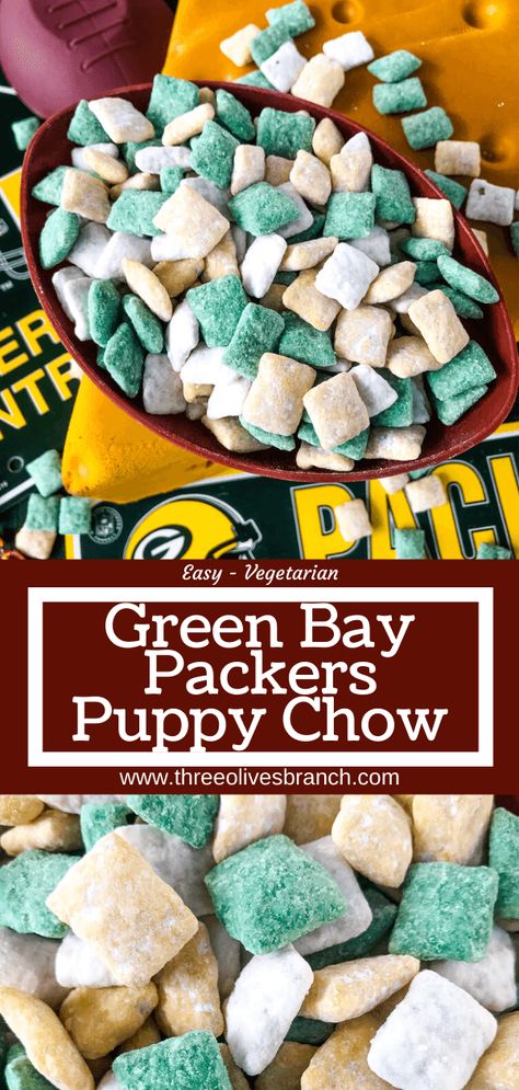 Green Bay Packers Food, Green Bay Packers Party, Packers Party, Puppy Chow Christmas, Puppy Chow Recipe, Chow Recipe, Puppy Chow Recipes, Bowl Party Food, Football Snacks