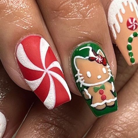 Heather Buzzell on Instagram: "🌲 GINGERBREAD KITTY 🎄 . Products Used: •Desert Dweller (tan) •Bad Romance (red) •Whiteout •Velvet Forrest (green) •Luxa Base •Velveteen Matte •Luxa Gloss ✨Use discount code: handittoheather when shopping with @luxapolish to save some 💰 . . #nails #nailsnailsnails #nailsofinstagram #nailstagram #nailsonfleek #nailart #nailartist #nailpro #nailpolish #gelpolish #gel #gelnails #luxapolish #luxaaf #3dnailart #christmasnails #december #hellokitty #gingerbread #rednails #candy #nailtech #nailinspo #naildesign #nailsoftheday #instanails #art #manicure #love" Gingerbread House Nails, Gingerbread Nail Designs, Gingerbread Nail Art, December Nails, Christmas Manicure, Punk Nails, Christmas Gel Nails, Seasonal Nails, Red Nail Designs