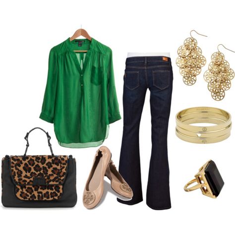 Need: green blouse/tunic, pair with leopard shoes Alledaagse Outfit, Nude Shoes, Green Shirt, Green Tops, Green Blouse, Fashion Mode, Spring Summer Outfits, Outfits Casuales, Moda Casual