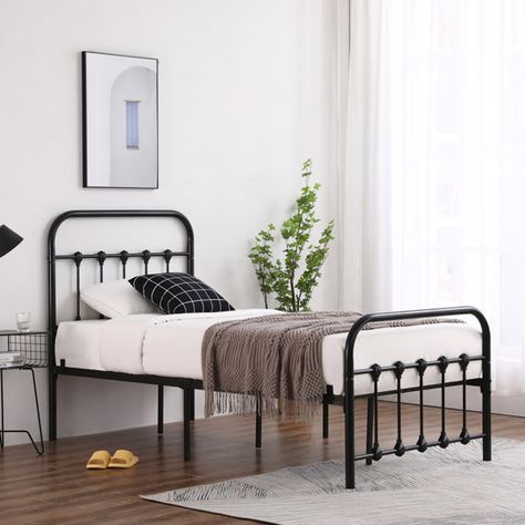 Laurel Foundry Modern Farmhouse Idlewild 45.47'' Bed Frame & Reviews | Wayfair Black Iron Bed, Bed Frame Twin Size, Black Iron Beds, Black Metal Bed Frame, Black Metal Bed, Black Bed Frame, Iron Bed Frame, Bed Dimensions, Twin Bed Frame