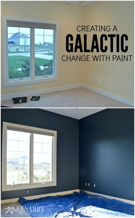 Creating an outer space boys bedroom starts with a huge galactic change in paint color. The walls were transformed from pale yellow with outerspace paint from Sherwin-Williams. Space Boys Bedroom, Boys Space Room, Boys Space Bedroom, Outer Space Room, Boys Room Colors, Outer Space Bedroom, Galaxy Bedroom, Boy Room Paint, Galaxy Room