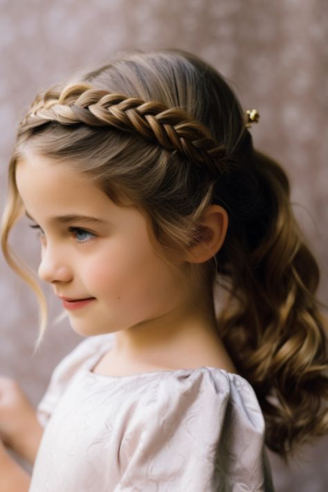 The crown braid inspired by princesses is an adorable short hairstyle designed for little girls with straight hair. It features a braided crown that adds a touch making it perfect for special occasions like parties or weddings. Click here to check out more adorable short hairstyles for little girls. Hairstyles For Short Hair For Birthday, Kids Hairstyles With Headband, Flower Girl Braid Hairstyles, Girls Hair For Wedding, Kid Wedding Hairstyles, Girls Party Hairstyles Kids, Girls Hairstyles For Weddings, Girls Wedding Hairstyles Kids, Girls Wedding Hairstyles