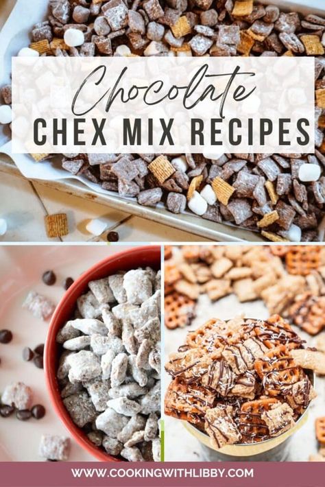 This roundup of Chocolate Chex Mix Recipes will leave your friends and family asking for the recipes! They make wonderful snacks and gifts! #easyrecipes #chexmix #chocolate Chex Mix Recipes Smore, Chocolate Chex Mix Recipes Christmas, Chocolate Check Mix Recipes, Addicting Toffee Chex Mix Recipe, Chex Mix Cereal Recipes, Wheat Chex Mix Recipes, Chocolate Peanut Butter Chex Mix Recipes, Chex Mix Dessert Recipes, Chexmix Ideas