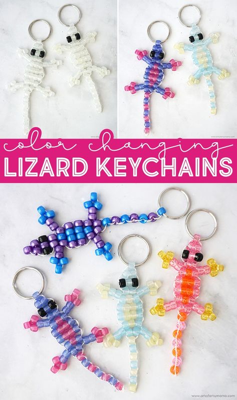 Color-Changing Beaded Lizard Keychains #kidsactivities #diykeychains #teencrafts #kidscrafts #beadedlizard #ponybeads #teenactivities #diykeychain #campcrafts #beadcrafts Beading Crafts For Kids, Summer Crafts For Kids For Teens, Crafts With Beads For Kids, How To Make Pony Bead Keychains, Kids Bead Crafts, How To Make Bead Animals Step By Step, Pony Bead Lizard Pattern, Kids Crafts With Beads, Bead Buddies Patterns