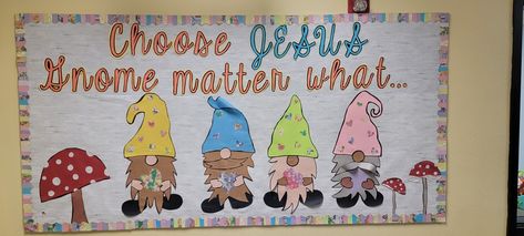 Gnome Bulletin Board Ideas, Movie Classroom, Religious Bulletin Boards, 2023 Classroom, Welcome Bulletin Boards, Christmas Bulletin Board, Class Poster, Preschool Bulletin, Church Bulletin Boards