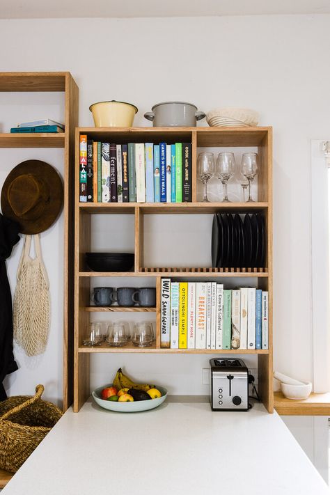 Kitchen Open Shelving, Diy Open Shelving, Kitchen Open, Plate Rack, Timber Furniture, Kitchen Shelves, Our House, Diy Kitchen, Kitchen Wall