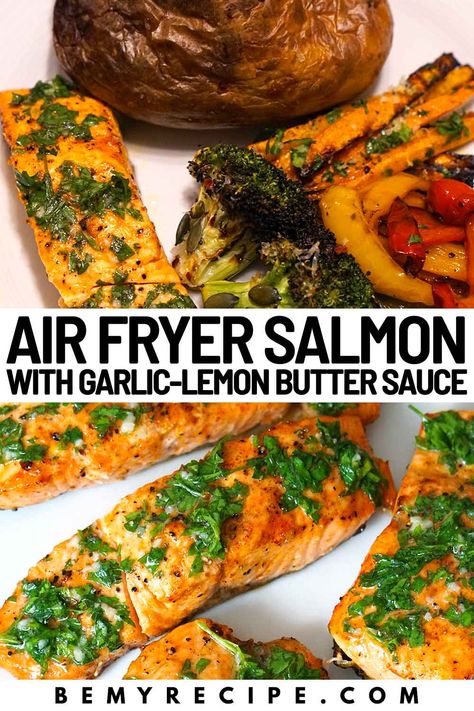 Air Fryer Salmon with a Garlic-Lemon Butter Sauce Lemon Garlic Salmon Air Fryer, Garlic Butter Salmon Air Fryer, Lemon Salmon Recipes, Air Fryer Recipes Salmon, Salmon Piccata, Air Fryer Fish Recipes, Parmesan Salmon, Lemon Butter Salmon, Lemon Pepper Salmon