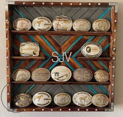 Buckle Display Case 24x24 - Etsy Buckle Display Ideas, Buckle Rack, Buckle Display Case, Belt Buckle Display, Buckle Display, Trophy Shelf, Western Room, Western Rooms, Western Crafts