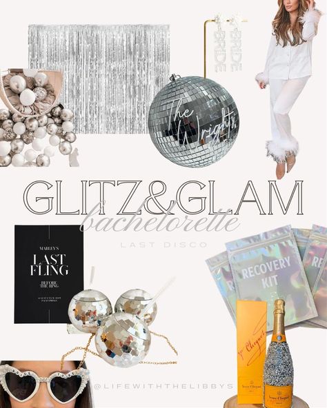 Silver, disco, glam, glitz, champagne, sunglasses, pajamas with feathers Bachelorette Inspo Glitz And Glam, Bachelorette Party Diamond Theme, Classy Disco Bachelorette, Hen Party Disco Theme, Glitz And Glam Hen Party, Glitz And Glam Hens Party, Glitz And Glamour Bachelorette Party, Glitz And Glam Bachelorette Party Theme, Sparkle Theme Bachelorette Party