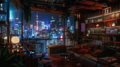 Apartment Balcony with Cyberpunk City View Scifi Apartment Concept Art, Cyberpunk Apartment Concept Art, Cyberpunk Studio Apartment, Cyberpunk Bedroom Aesthetic, Horror Apartment, Uglies Book, Cyberpunk Interior Design, Cyberpunk Bar, Neon Cyberpunk Aesthetic