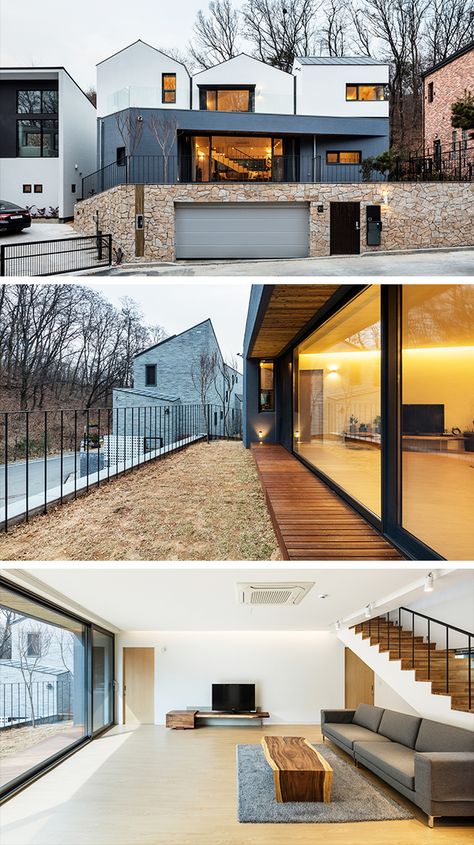 Three Roof House by PLAIN WORKS in South Korea Big Houses In Korea, South Korea Apartment Aesthetic, Korean House Interior Modern South Korea, Korea House Design, Korean House Plan, South Korean House, South Korea House, Houses In South Korea, South Korea Apartment