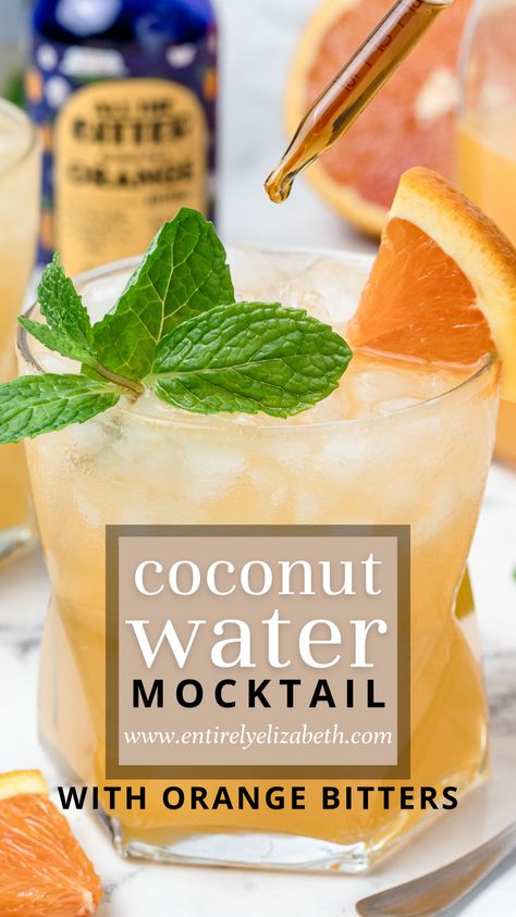 Skip the sugary sodas, try this refreshing Coconut Water Mocktail with orange bitters. A healthier, non alcoholic alternative with no fancy bar equipment required. Mocktails Non Alcoholic Coconut Milk, Mocktail With Bitters, Healthy Low Sugar Mocktails, Mocktail With Egg White, Bitter Mocktail, Coconut Milk Mocktail Recipe, Coconut Water Mocktail Recipes, Coconut Water Mocktail, Low Sugar Mocktails Non Alcoholic