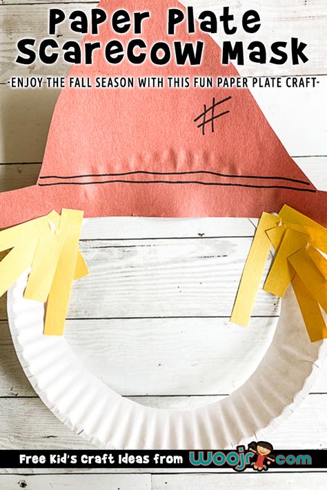 Paper Plate Scarecrow Craft | Woo! Jr. Kids Activities Scare Crow Craft For Preschoolers, Scare Crow Activities For Kids, Scarecrow Hat Craft, Scarecrow Crafts For Kindergarten, Scarecrow Theme Preschool Activities, Scare Crow Craft Preschool, Prek November Crafts, Scarecrow Hat Template Free Printable, Scarecrow Craft For Toddlers