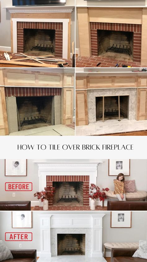 Adding Molding To Fireplace, Marble Over Brick Fireplace, Diy Fireplace Molding, Smooth Fireplace Surround, Fireplace Trim Diy, Modernize Old Fireplace, Old Marble Fireplace, Upgrade Fireplace Surround, Building A Fireplace Surround