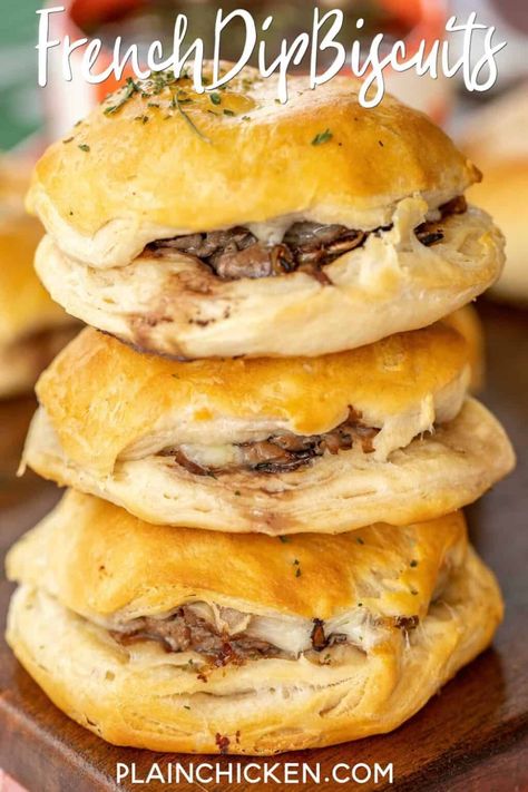 French Dip Biscuits - Football Friday - Plain Chicken Football Friday, French Dip Sandwich, Plain Chicken, Biscuits Recipe, French Dip, Simple Sandwiches, Slider Recipes, Yumeko Jabami, Football Food