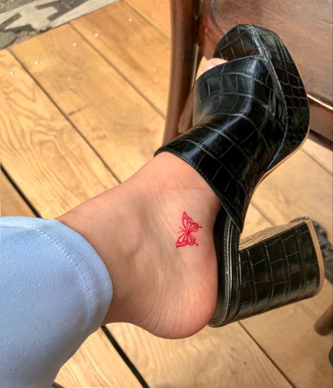 Mini Ankle Tattoos, Red Ankle Tattoo, Small Red Butterfly Tattoo, Foot Butterfly Tattoo, Tiny Red Tattoo, Simple Red Tattoo, Small Red Ink Tattoo Ideas, Red Ink Butterfly Tattoo, Butterfly Tattoo Ankle