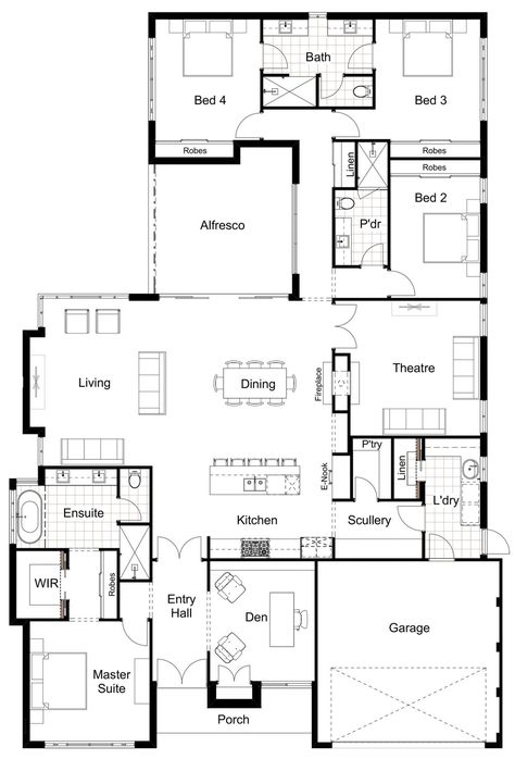 Floor Plan 4 Bedroom One Story, Home Plan Design, Modern Farmhouse Style Homes, Floor Plans 1 Story, Dream House Floor Plans, Four Bedroom House Plans, House Plans 2 Story, Detail Arsitektur, Bungalow Floor Plans