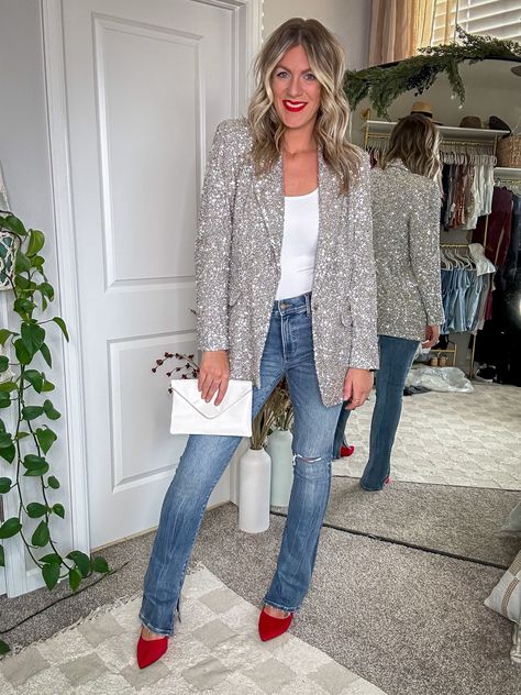 Sequin One Button Boyfriend Blazer curated on LTK Sequined Blazer Outfit, Silver Blazer Outfit Women, Sequin Blazer Outfit Casual, Denim And Diamonds Outfit Ideas, Sequin Blazer Outfit Party, Silver Blazer Outfit, Casual Sequin Outfit, Denim And Diamonds Party Outfit, Sequin Jacket Outfit