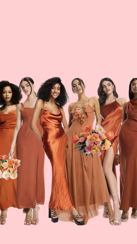 Burnt orange dresses sourced from ASOS. Various textures, shades, and styles. Burnt Orange Bridesmaid Dresses, Orange Bridesmaid Dresses, Burnt Orange Dress, Orange Dress, Burnt Orange, Future Wedding, Wedding Party, Shades, Our Wedding