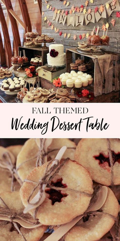 Falling in Love Fall Dessert Table | We created this Falling in Love themed dessert table for Ashly and Scott's fall wedding. The table was filled with caramel apples, cupcakes, mini pies, homestyle cookies, and a rustic buttercream cake. We loved how this table turned out! || JennyCookies.com Fall Bridal Shower Food, Fall Dessert Table Wedding, Fall Dessert Table, Wedding Reception Dessert Table, Fall Wedding Desserts, Fall Themed Desserts, Fall Desserts Table, Jenny Cookies, Dessert Bar Wedding