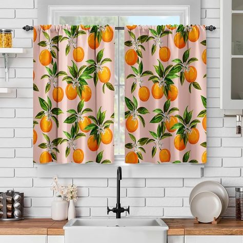 Amazon.com: Jekeno Orange Kitchen Curtains Set for Windows: Natural Fruit Short Cafe Curtain Unique Tomato Decor for Dining Room Tier Curtains Art Printed Rod Pocket Window Drapes 36 Inch Length 2 Panels Set : Home & Kitchen Fruit Kitchen Decor Themes, Kitchen Curtains Above Sink, Orange Kitchen Curtains, Short Cafe, Decor For Dining Room, Fruit Kitchen Decor, Cafe Curtains Kitchen, Apartment Things, Above Sink