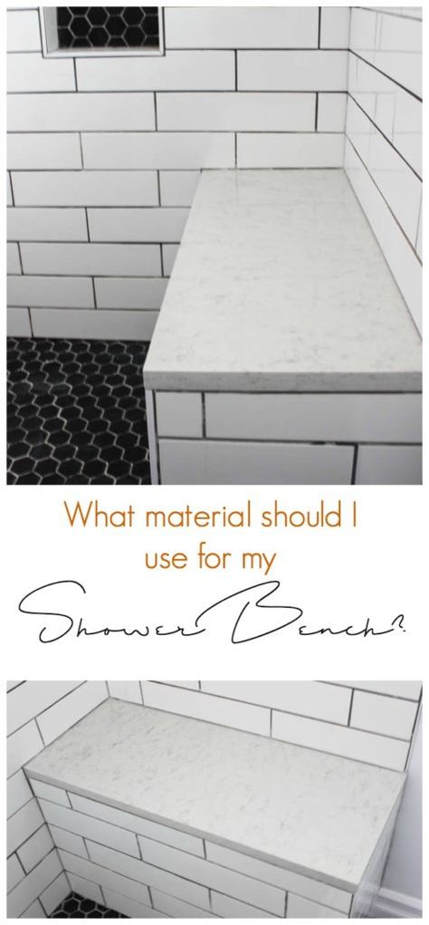 A great summary of the different materials you can use for a shower bench, with some reasons as to why you choose one over another. Beautiful inspiration for the bathroom! Shower Bench Built In, Built In Shower Seat, Bathroom Shower Bench, Shower Bench Ideas, Wood Tile Bathroom, Lake House Bathroom, Wood Benches, Walk In Shower Designs, Master Shower