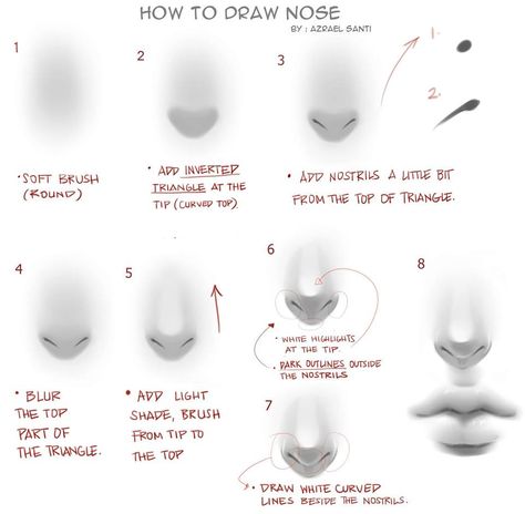 How to draw nose by  Azrael Santi Drawing Nose Digital Art, Nose From The Front Drawing, Digital Painting Nose Tutorial, Shading Nose Drawing, How To Shade Nose Drawing, Art Shading Reference, How To Draw Noses On Procreate, Nose Digital Drawing, How To Color Lips Digital Art