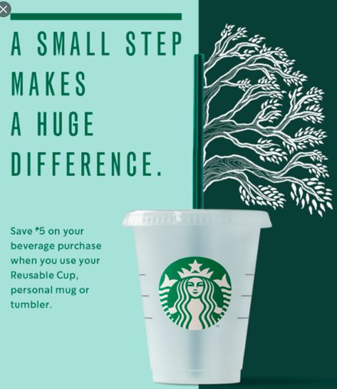 This Starbucks advertisement promotes a reusable cup - whether it be your own personal mug or one you bought from Starbucks. it uses a logical appeal because it offers money off when you use the reusable cup but it also is in efforts to be more sustainable for the earth. Starbucks Promotion Design, Starbucks Advertisement Poster, Starbucks Design Poster, 5 Starbucks Drinks, Starbucks Poster, Coffee Marketing, Sustainable Branding, Starbucks Case, Starbucks Chalkboard