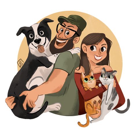 People & Pets on Behance Family With Dog Illustration, Couple Dog Illustration, Dog And Human Illustration, Couple With Dog Illustration, Family Portraits Drawing, Dogs Character Design, Family Cartoon Illustration, Dog And Cat Drawing, Couple With Pets