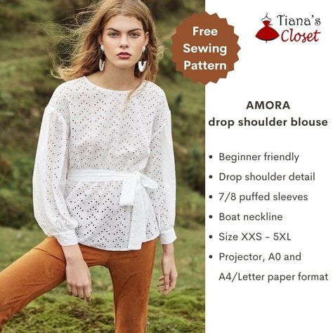 Amora drop shoulder puffed sleeve blouse – Free PDF sewing pattern – Tiana's Closet Paper To Print, Drop Shoulder Blouse, Puffed Sleeve Top, Make A Tie, Peter Pan Collar Blouse, How To Fold Sleeves, Free Pdf Sewing Patterns, Save The Earth, Top Sewing Pattern